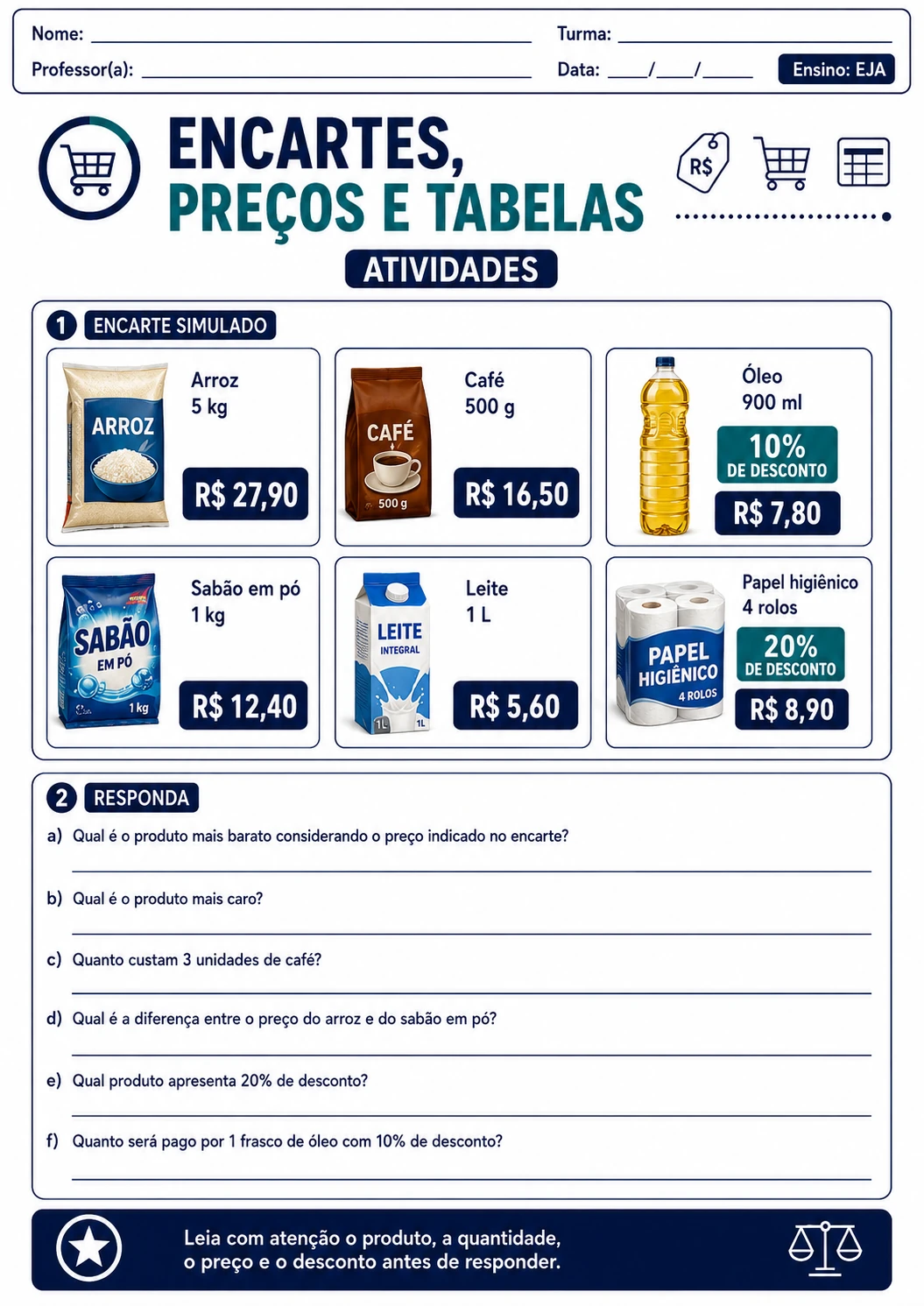 Atividade de Matemática EJA: Encartes, Preços e Tabelas