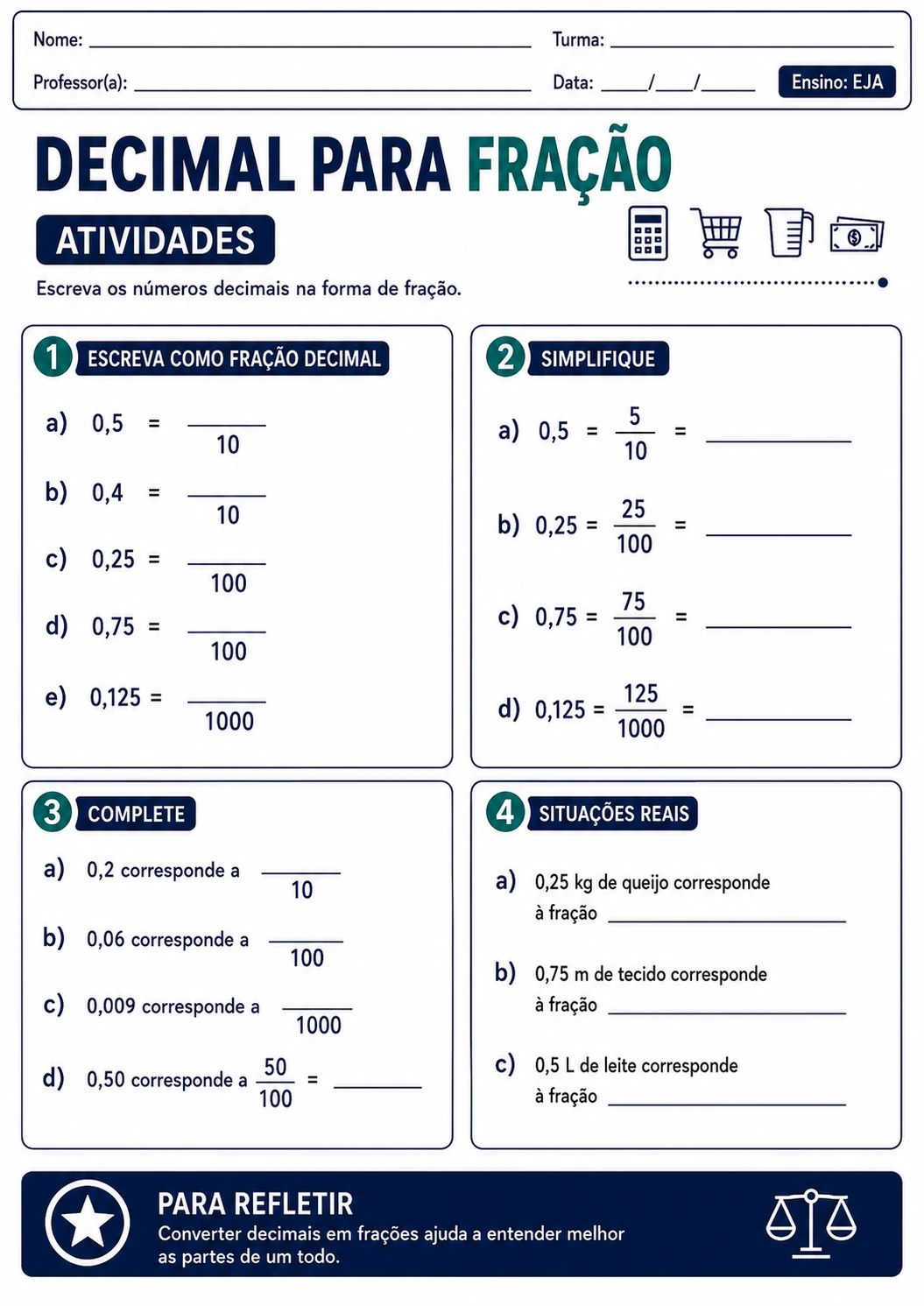 Atividade EJA: Decimal para Fração