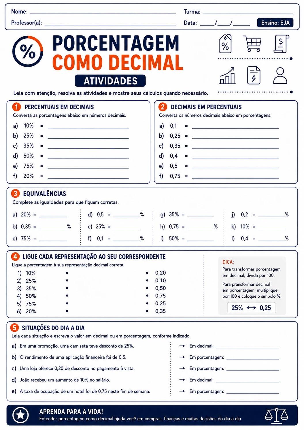 Atividade EJA: Porcentagem como Decimal