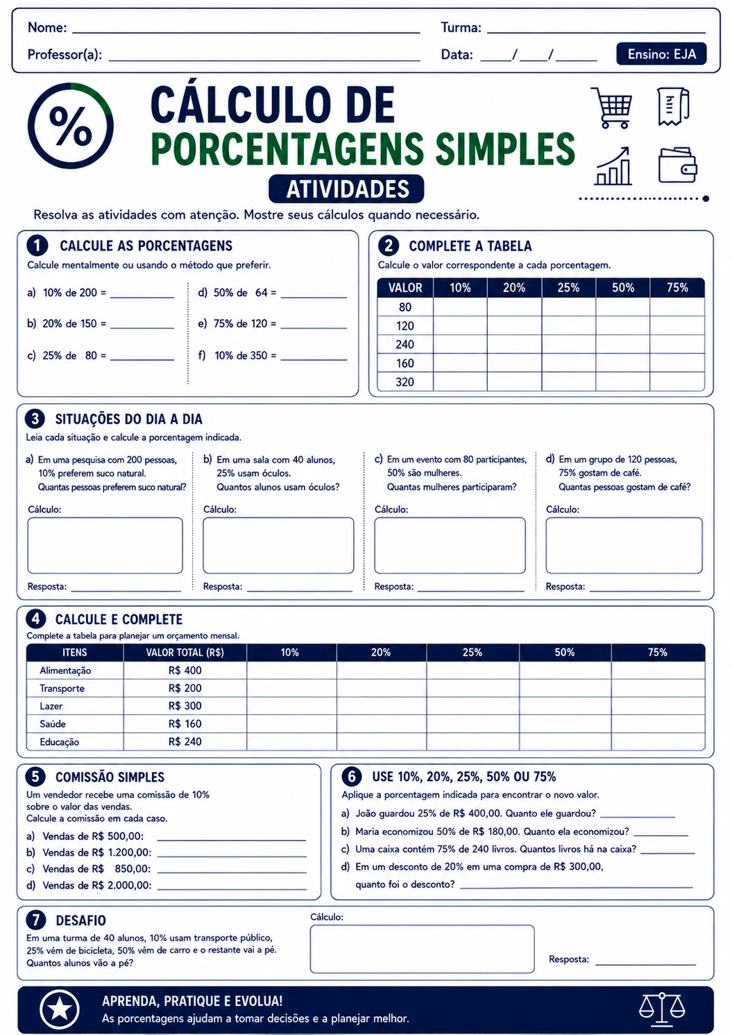 Atividade EJA: Cálculo de Porcentagens Simples