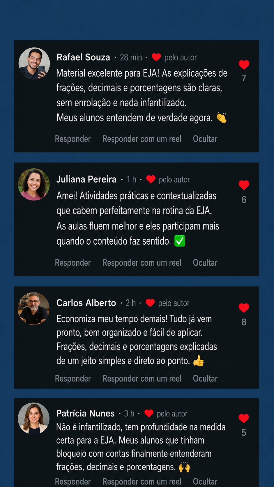 Depoimentos em comentários de professores sobre o material de Matemática para EJA