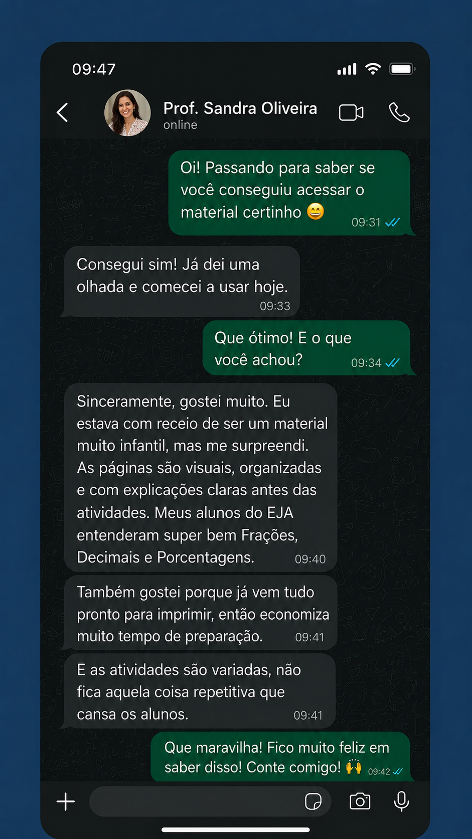 Depoimento em conversa no WhatsApp sobre o material de Matemática para EJA