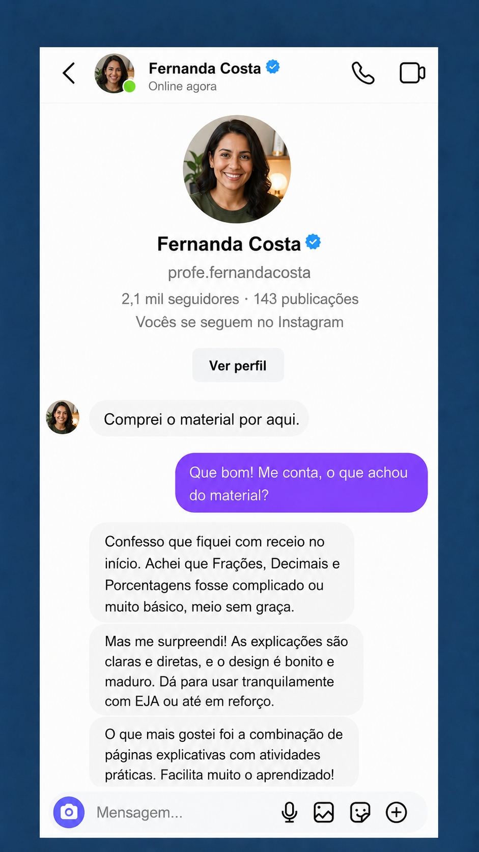 Depoimento em mensagem direta do Instagram sobre o material de Matemática para EJA